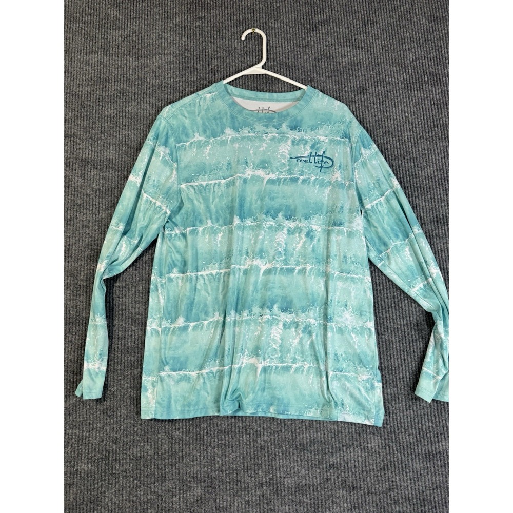 Reel Life Men's Long Sleeve Tie Dye Fishing T-Shirt Blue White Size M Crew Neck